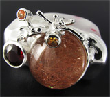 Кольцо с рутиловым кварцем, гранатом и сапфирами! Кварцевая шинка Серебро 925