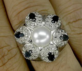 Превосходное кольцо с жемчужиной и сапфирами Серебро 925