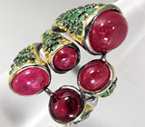 Кольцо с кабошонами пурпурных сапфиров и цаворитами Серебро 925