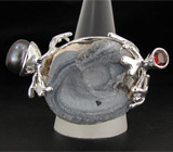 Кольцо с друзой агата, цветной жемчужиной и гранатом Серебро 925