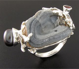 Кольцо с друзой агата, цветной жемчужиной и гранатом Серебро 925
