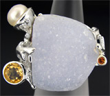 Кольцо с друзой халцедона, цитрином, золотистым сапфиром и жемчужиной Серебро 925