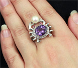 Кольцо "Краб" c аметистом, жемчужиной, пурпурными сапфирами и топазами Серебро 925