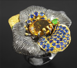 Серебряное кольцо c цитрином, синими сапфирами и цаворитами гранатами Серебро 925