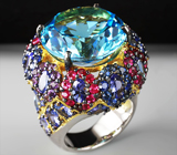 Серебряное кольцо с крупным топазом, танзанитами, аметистами, пурпурными и синими сапфирами Серебро 925
