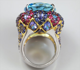 Серебряное кольцо с крупным топазом, танзанитами, аметистами, пурпурными и синими сапфирами Серебро 925
