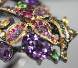 Серебряное кольцо с аметистами, цаворитами гранатами, пурпурными и желтыми сапфирами Серебро 925