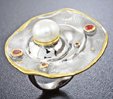 Серебряное кольцо с жемчужиной и сапфирами падпараджа Серебро 925