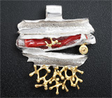 Серебряный кулон с solid кораллом и золотистым сапфиром на шнуре Серебро 925
