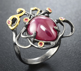 Серебряное кольцо c кабошоном рубина и сапфирами Серебро 925