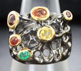 Серебряное кольцо с разноцветными сапфирами и изумрудом Серебро 925