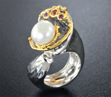 Серебряное кольцо с жемчужиной, оранжевым сапфиром и родолитами гранатами Серебро 925