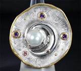 Серебряное кольцо с жемчужиной и аметистами Серебро 925