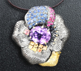 Серебряный кулон с аметистами, разноцветными сапфирами и рубинами на шнуре Серебро 925