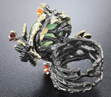 Серебряное кольцо с пренитом, корнелианами и мозамбикским гранатом Серебро 925