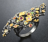 Серебряное кольцо с рубинами, разноветными сапфирами и цаворитами