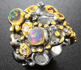 Серебряное кольцо с эфиопскими опалами, сапфирами и рубинами