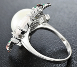 Серебряное кольцо с жемчужиной, розовым кварцем и цветной эмалью Серебро 925