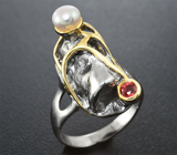 Серебряное кольцо с жемчужином и оранжевым сапфиром Серебро 925