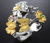 Серебряное кольцо с разноцветными сапфирами и цаворитами Серебро 925