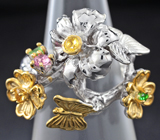 Серебряное кольцо с разноцветными сапфирами и цаворитами