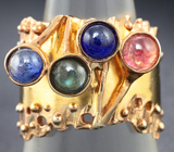 Серебряное кольцо с лунным камнем, лабрадоритом, синим сапфиром и розовым турмалином Серебро 925