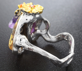 Серебряное кольцо с необработанным аметистом, рутиловым кварцем и сапфирами Серебро 925
