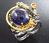 Сребряное кольцо c синими сапфирами, родолитом и мозамбикскими гранатами Серебро 925