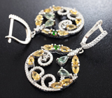 Изысканные серебряные серьги с цитринами, зелеными сапфирами и диопсидами Серебро 925