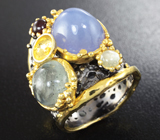 Серебряное кольцо с халцедоном, аквамарином, родолитом и лунным камнем Серебро 925