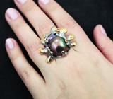 Серебряное кольцо с цветной жемчужиной барокко и сапфирами Серебро 925