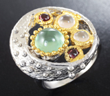 Серебряное кольцо с пренитом, розовым кварцем и родолитами Серебро 925