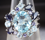 Серебряное кольцо с голубыми топазами, синими сапфирами и иолитами Серебро 925