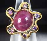Серебряное кольцо с пурпурным сапфиром и аметистами Серебро 925