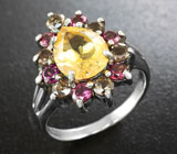 Серебряное кольцо с цитрином, дымчатым кварцем и родолитами Серебро 925