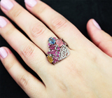 Праздничное серебряное кольцо с разноцветными сапфирами и рубинами Серебро 925