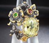 Серебряное кольцо с лимонным цитрином, диопсидом, мозамбикским гранатом и сапфиром Серебро 925