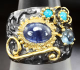 Серебряное кольцо с синим сапфиром, голубым топазом и бирюзой Серебро 925