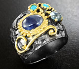 Серебряное кольцо с синим сапфиром, голубым топазом и бирюзой Серебро 925