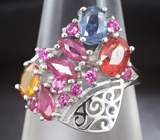 Праздничное серебряное кольцо с рубинами и разноцветными сапфирами Серебро 925