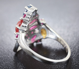 Праздничное серебряное кольцо с рубинами и разноцветными сапфирами Серебро 925