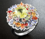 Праздничное серебряное кольцо с лимонным цитрином, разноцветными сапфирами и танзанитами Серебро 925