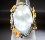 Серебряное кольцо с жемчужиной барокко и сапфирами
