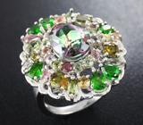 Серебряное кольцо с мистическим кварцем, диопсидами и разноцветными турмалинами Серебро 925