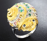 Серебряное кольцо «Улитка» с разноцветными сапфирами и изумрудами Серебро 925