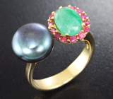 Стильное серебряное кольцо с цветной жемчужиной, изумрудом и рубинами Серебро 925