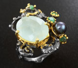 Серебряное кольцо с аквамарином, цветной жемчужиной и изумрудами Серебро 925
