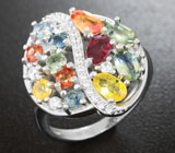 Замечательное серебряное кольцо с рубином и разноцветными сапфирами Серебро 925