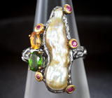 Серебряное кольцо с жемчужиной барокко, турмалином, цитрином и розовыми сапфирами Серебро 925