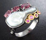 Серебряное кольцо с жемчужиной барокко, рубеллитами турмалинами и розовыми сапфирами Серебро 925